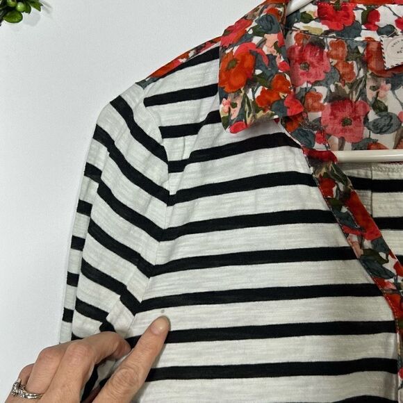 Postmark Anthropologie Black White Stripe Red Poppy Floral Layered Top Blouse Bu - Picture 10 of 13